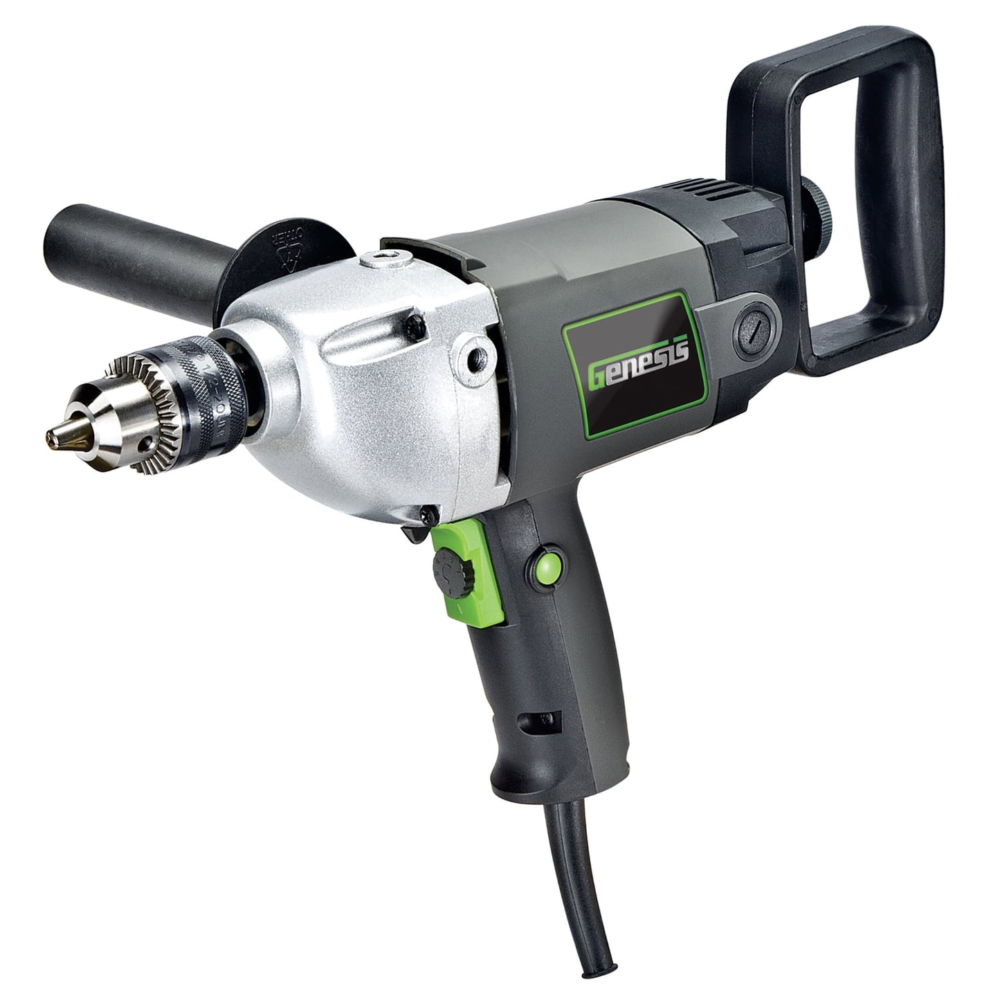 Genesis 9-Amp Corded Variable-Speed Spade-Handle Drill with 1/2-In. Metal Chuck, 2-Position Spade Handle, 3-Position Aux Handle, Lock-on Button