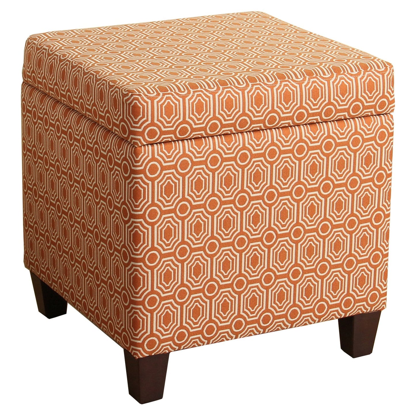 Otoman Cuadrado de Madera con Patrón Geométrico y Tapa Desmontable, Almacenamiento, Naranja y Crema - Saltoro Sherpi