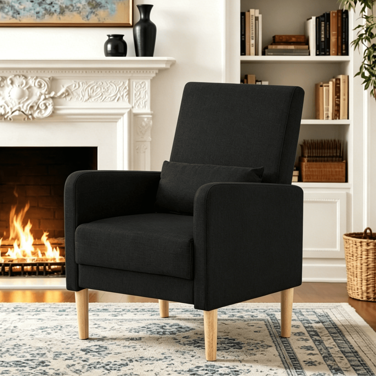 Gewnee 26.5"Accent Chair,Linen Fabric Upholstered Comfy Armchair with Solid Wood Frame & High Back,Single Chair for Living Room,Apartment,Office.Black