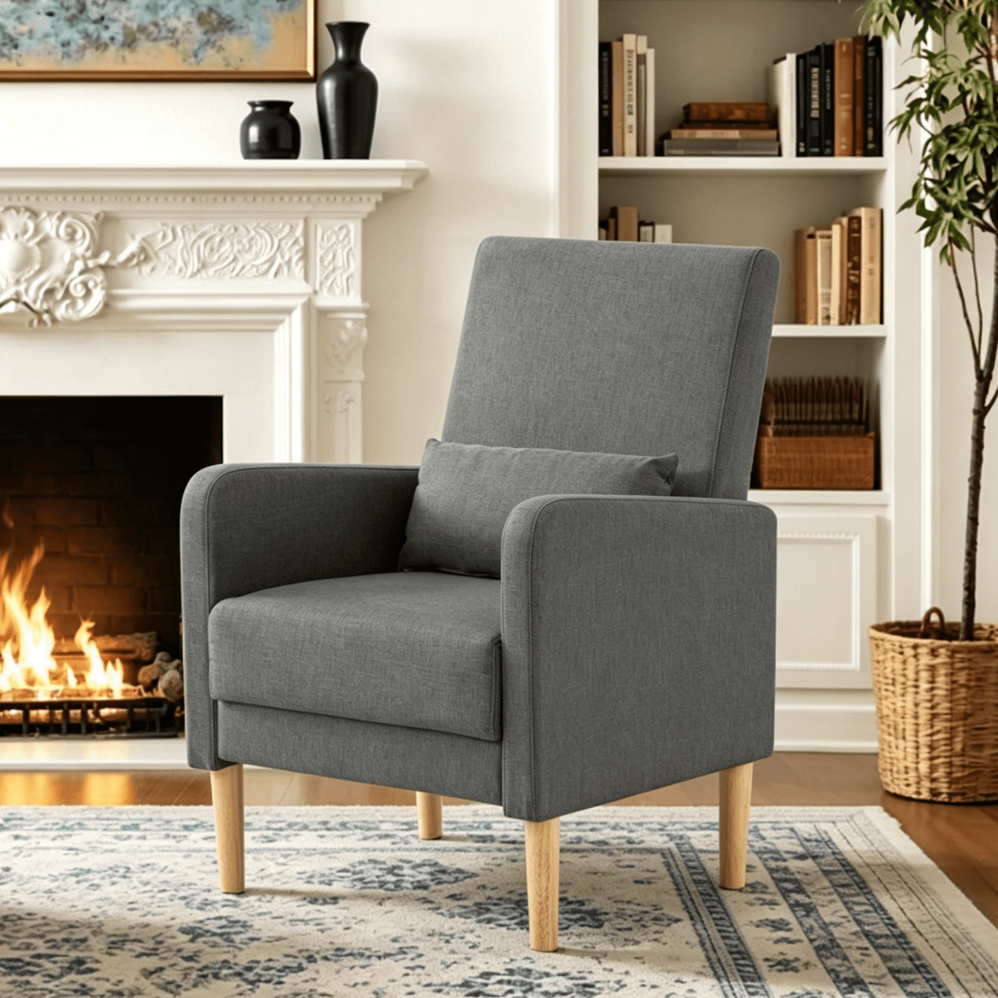 Gewnee 26.5"Accent Chair,Linen Fabric Upholstered Comfy Armchair with Solid Wood Frame & High Back,Single Chair for Living Room,Apartment,Office.Dark Grey