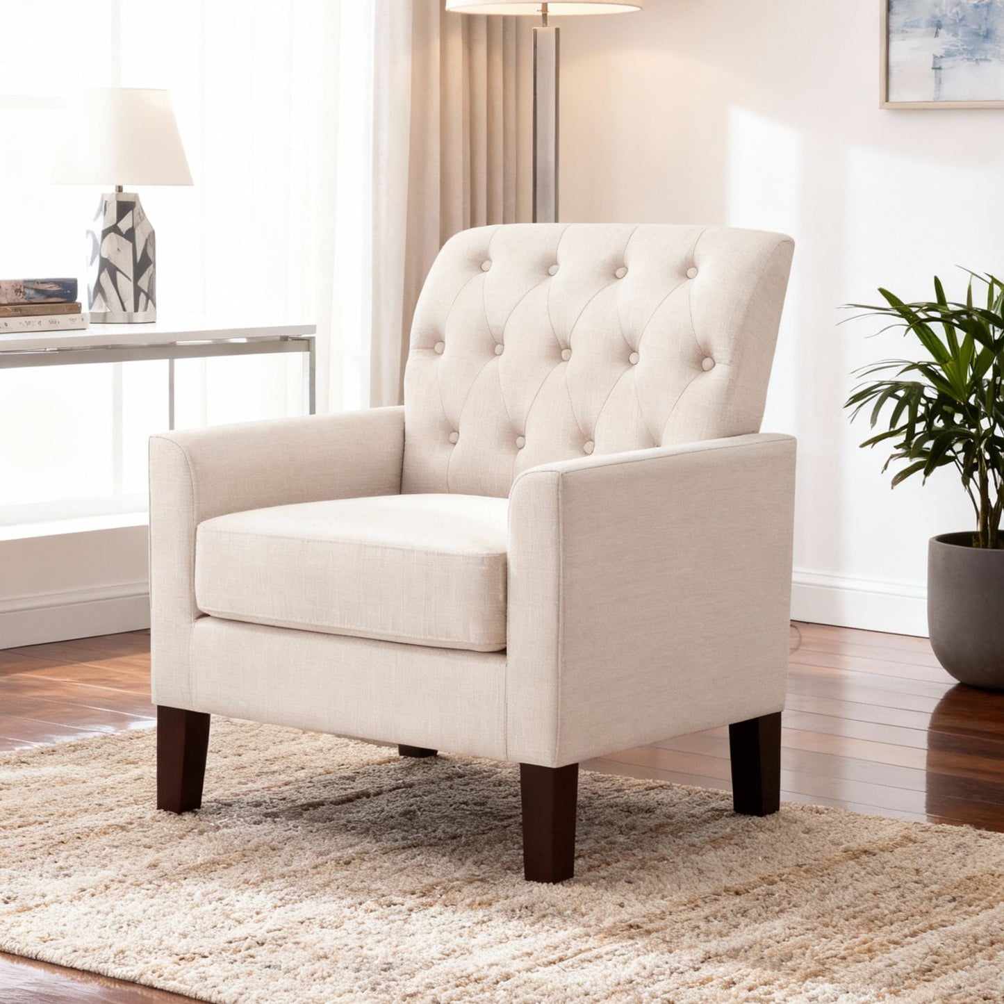 Gewnee Beige 30†Linen Accent Armchair, Solid Rubberwood Legs, Suitable for Living Room & Balcony