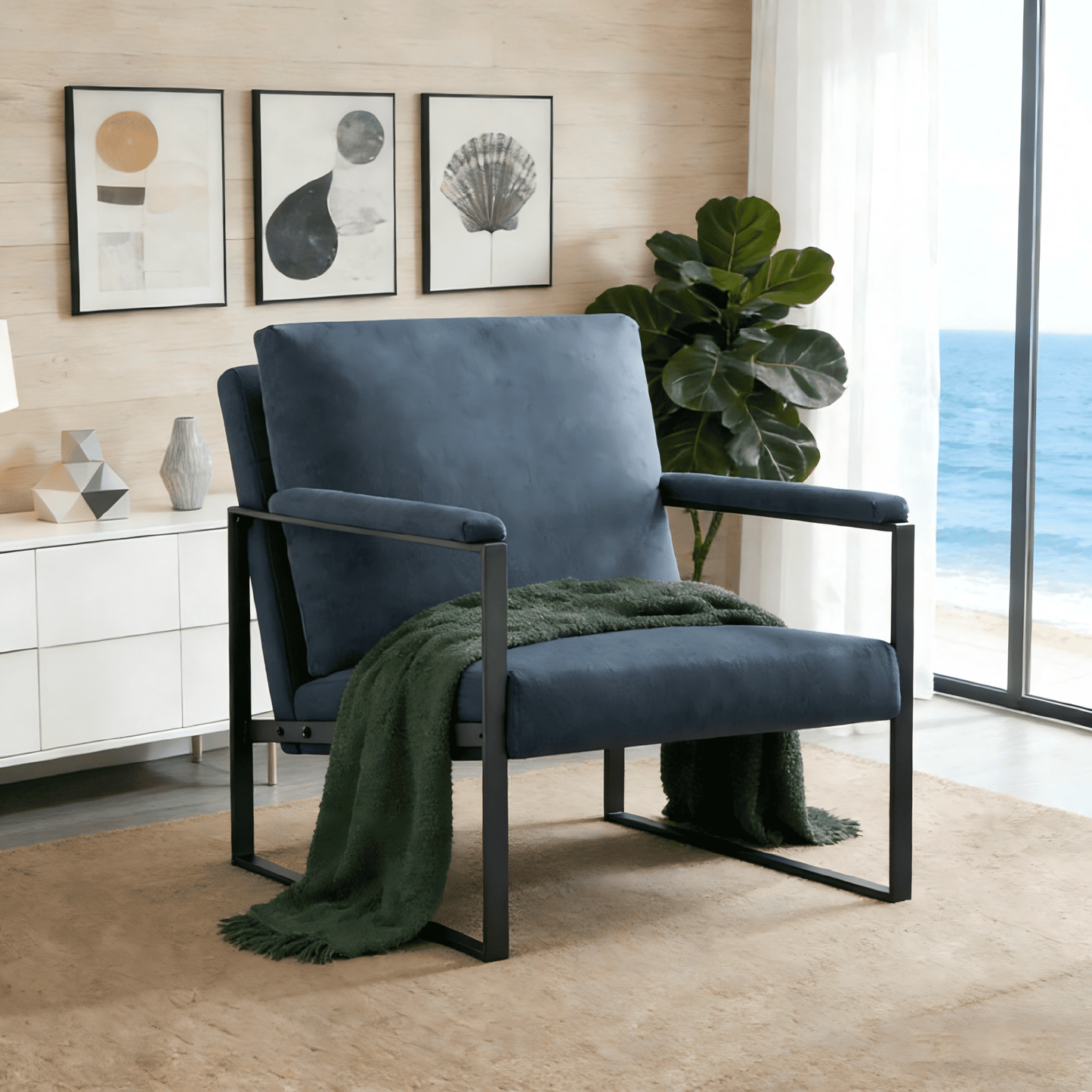 Gewnee Dark Blue 26.8†Metal Frame Accent Armchair, Linen Blend Upholstery Solid Wood Seat for Living Room Bedroom Den