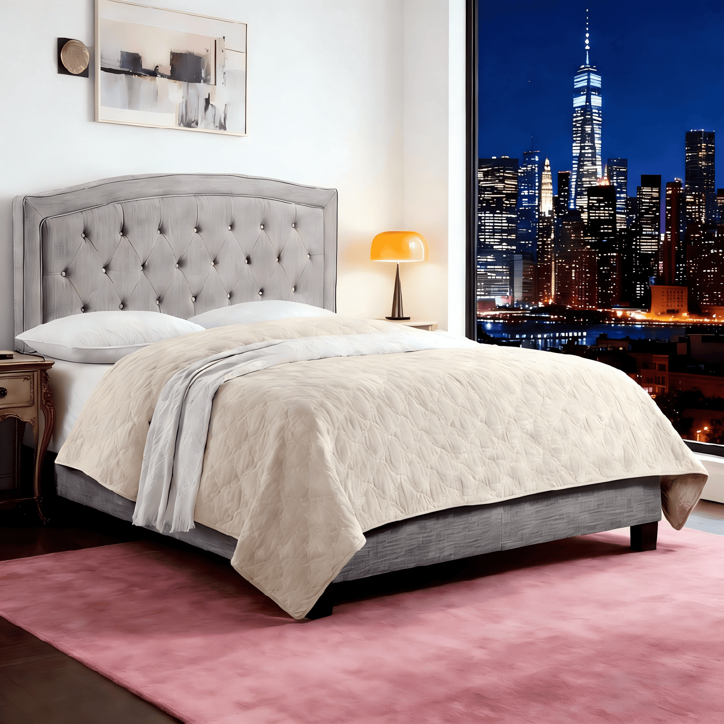 Gewnee King Size Beige Linen Upholstered Bed Frame, Solid Wood Slat Support & Sturdy Structure, Ideal for Bedroom, Box Spring Required