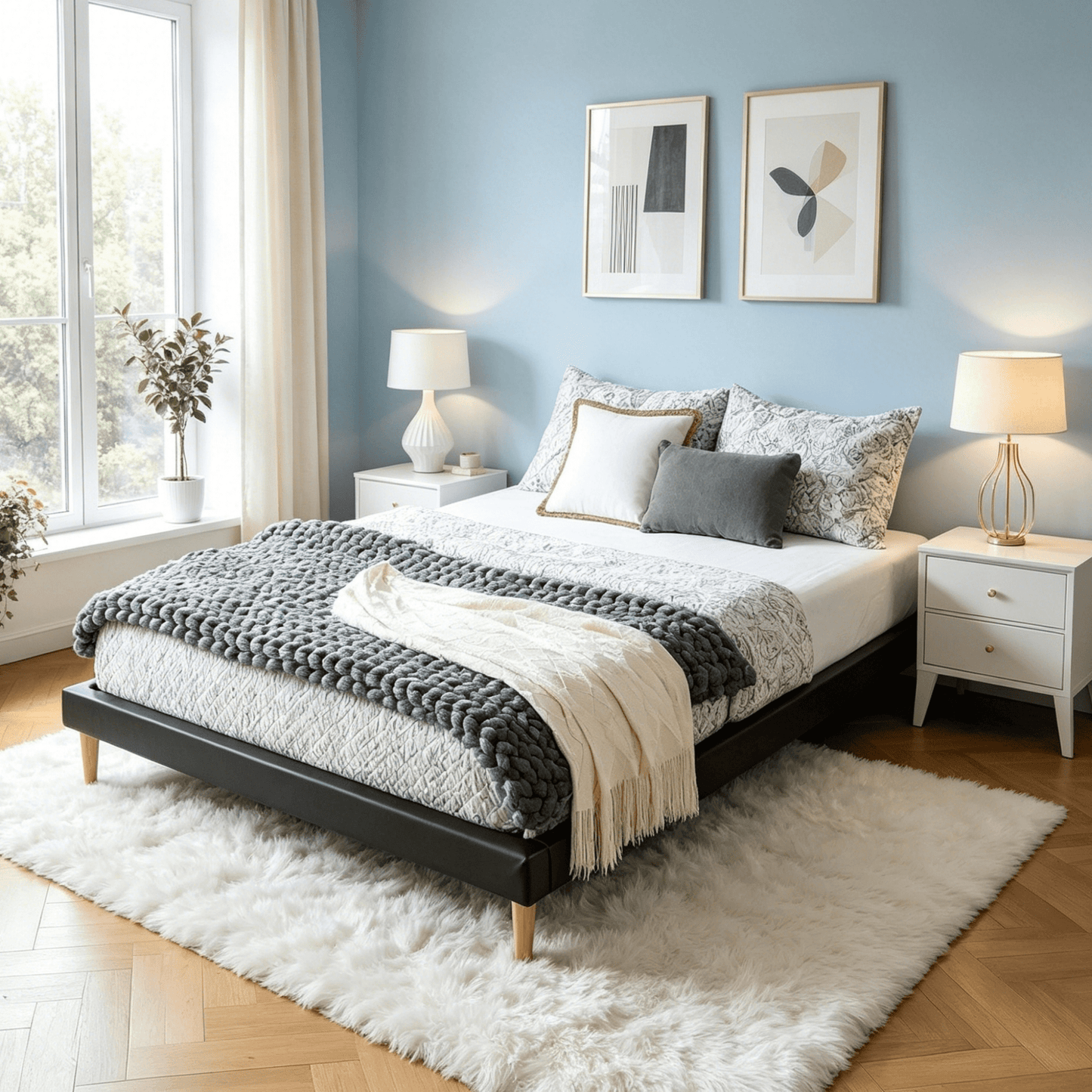 Gewnee King Size Platform Bed Frame, Faux Leather Upholstered, Center Support, No Box Spring Needed, Comfortable Bedroom Bed (Black)