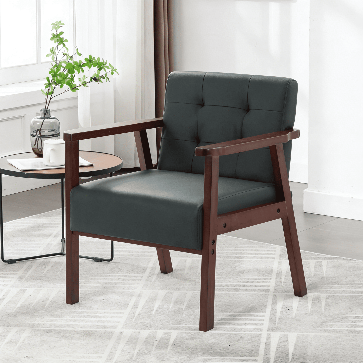Gewnee Cedar Wood Loveseat, Black PU, Tufted Back, 300LBS Capacity, Non-Slip Pads, for Living Room & Office
