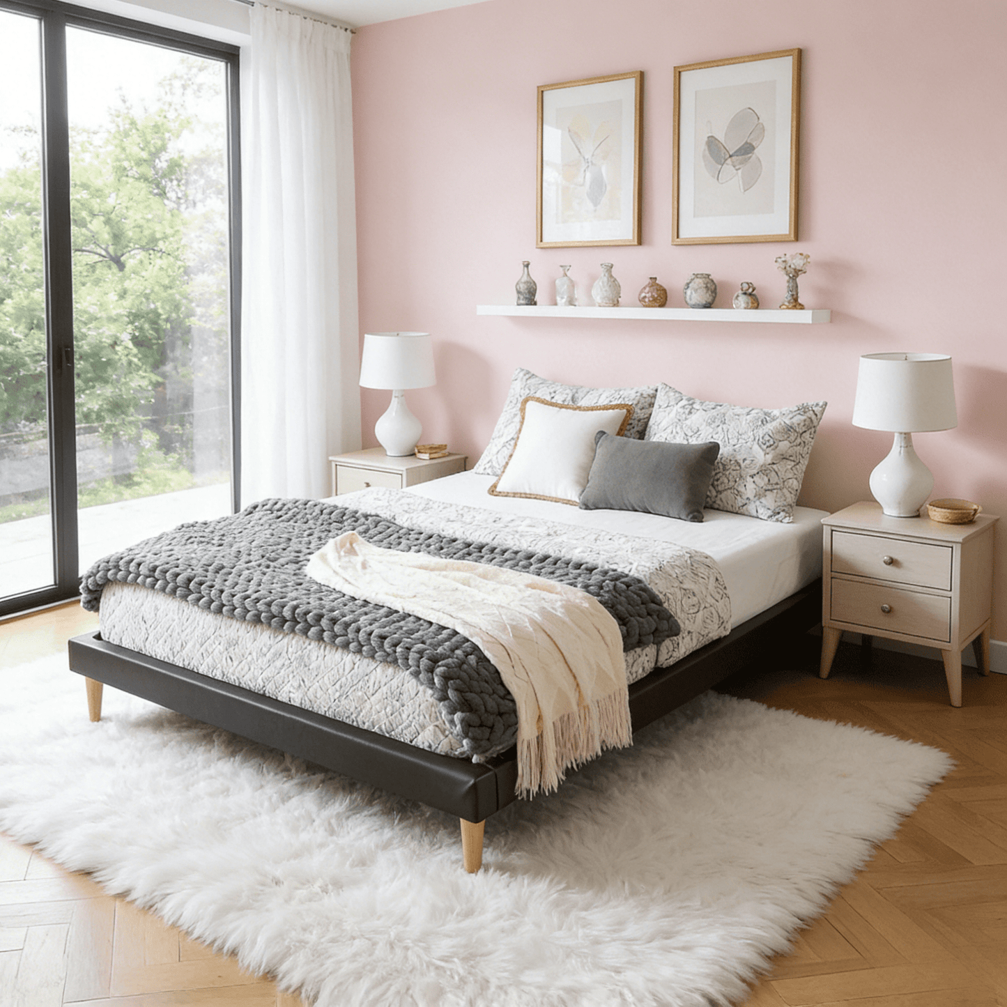 Gewnee Faux Leather Queen Platform Bed Frame with Wood Slats, Black