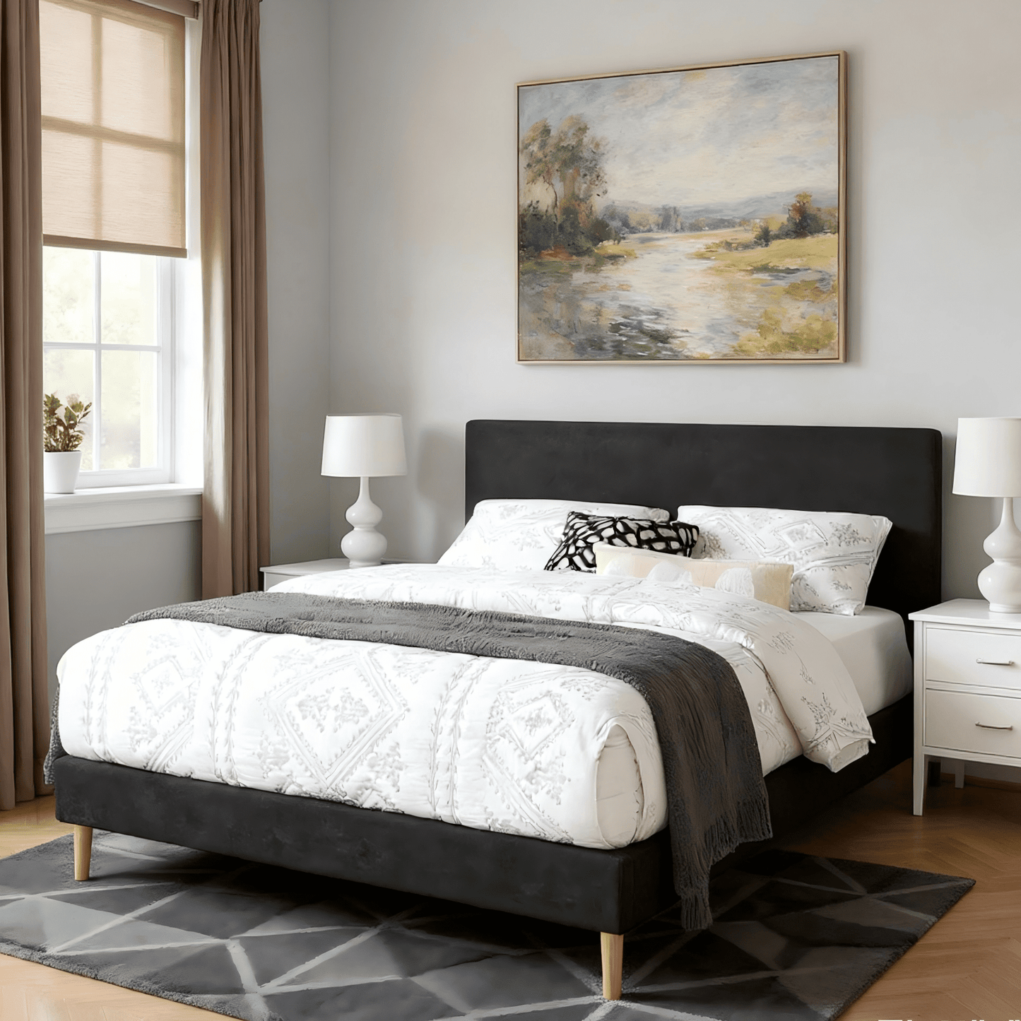 Gewnee Queen Size Upholstered Platform Bed Frame with Headboard,Sturdy Wood Slats & Center Support,No Box Spring Needed,Easy Assembly,Black