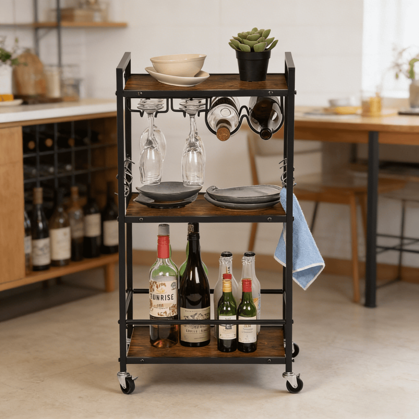 Gewnee Storage Cart with 3-Tier Storage Shelves&Cup Holders&Hooks,Suitable for kitchens and Living Room.Brown