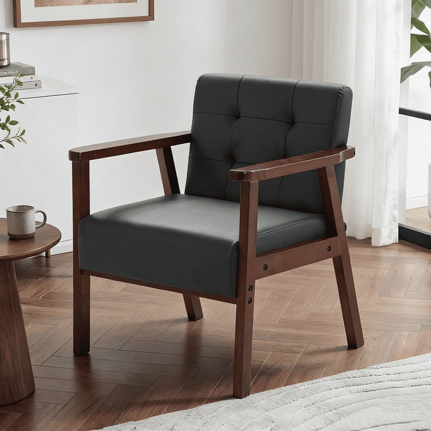 Gewnee 25.39"Accent Armchair,Modern Upholstered Armchair with Solid Wood Frame,Comfy Reading Accent Chair for Living Room,Bedroom,Office.Black PU