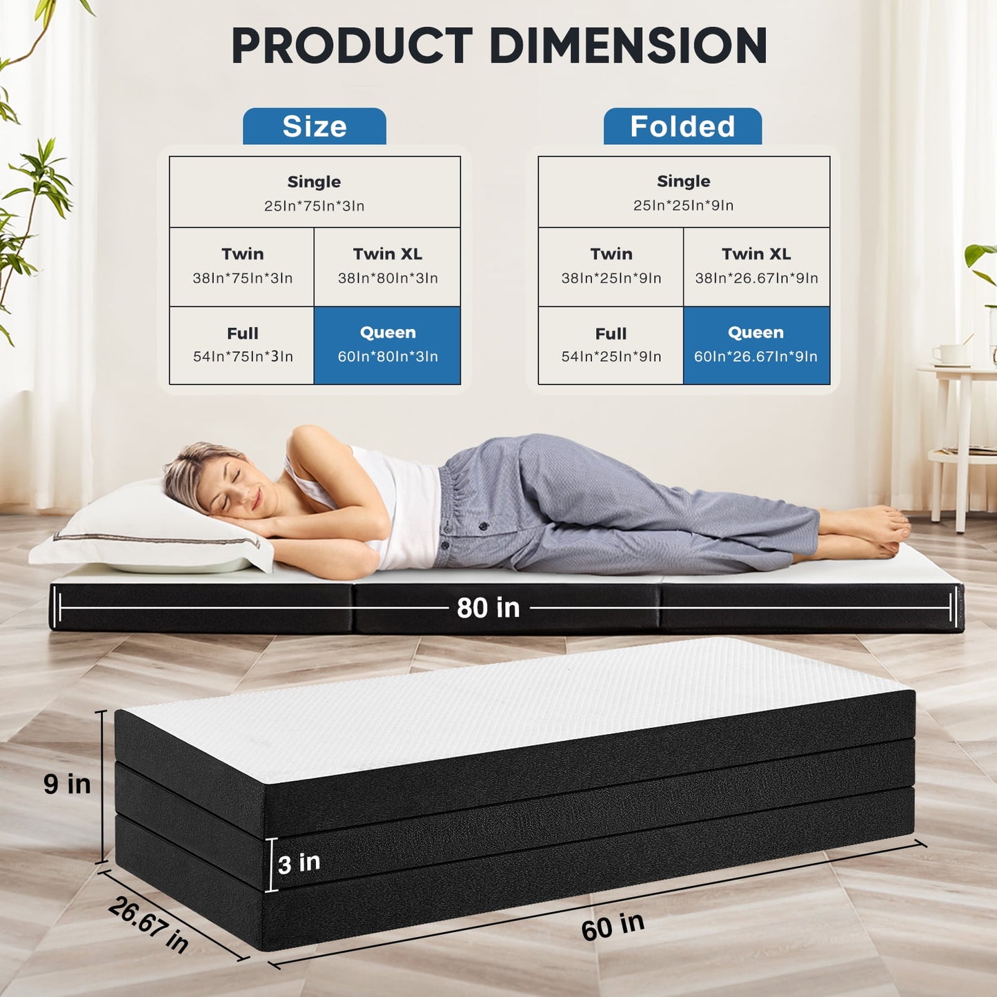 Gianna Colchón Queen de Memory Foam de 3", Colchón Plegable Portátil de Triple Pliegue para Camas de Invitados y Viajes