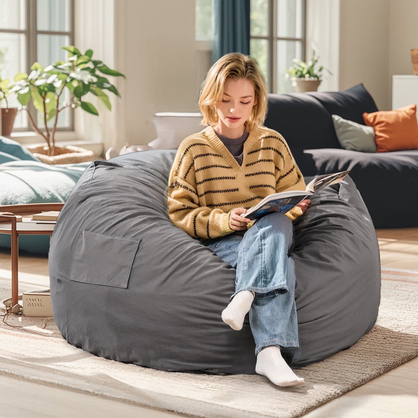Gianna 4FT Comfy Bean Bag Chair for Adults, Large Lounger with Removable Plush Cover, Dark Gray