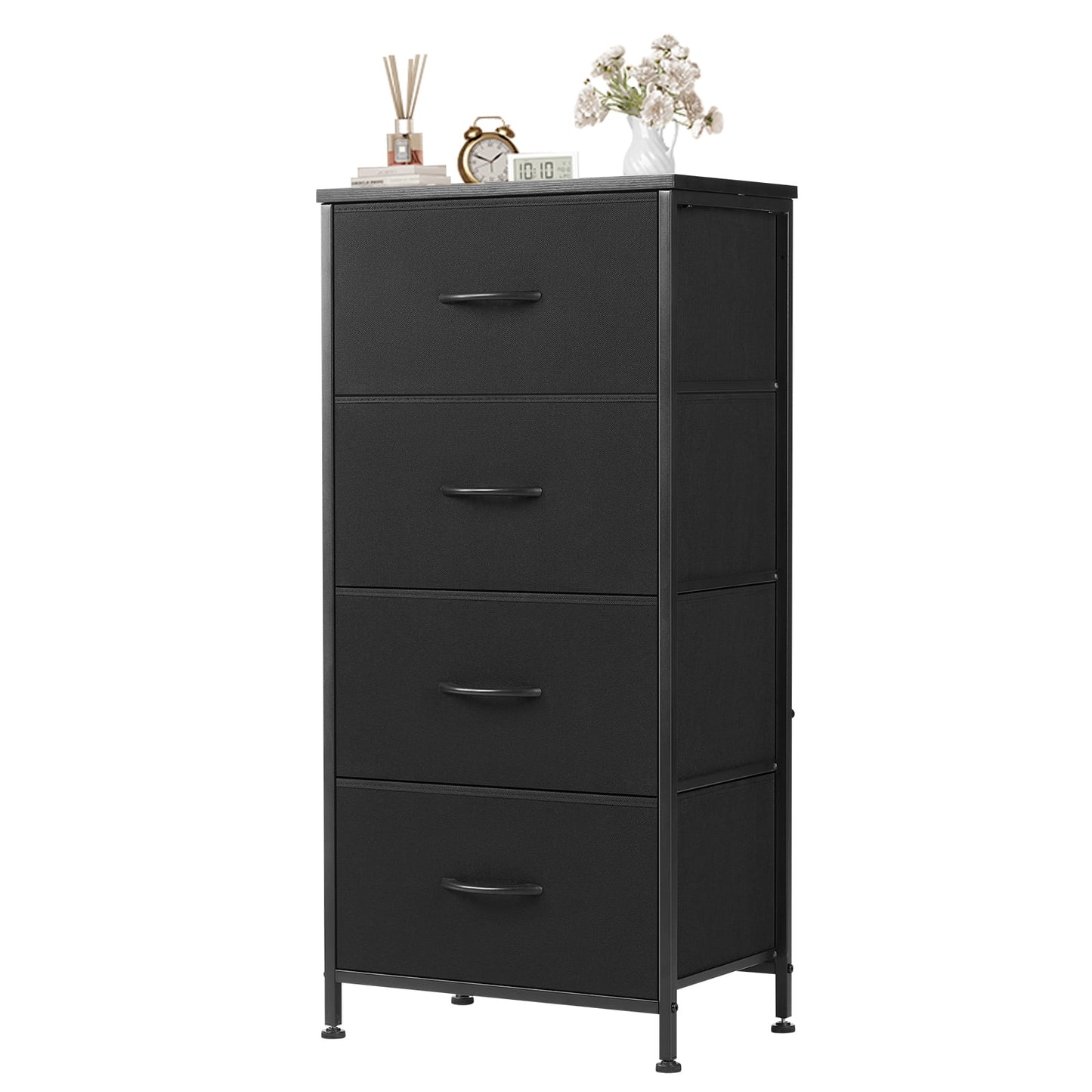 EDX 4 Drawer Fabric Dressers Cabinet, Ideal for Living Room & Bedroom Storage, Black