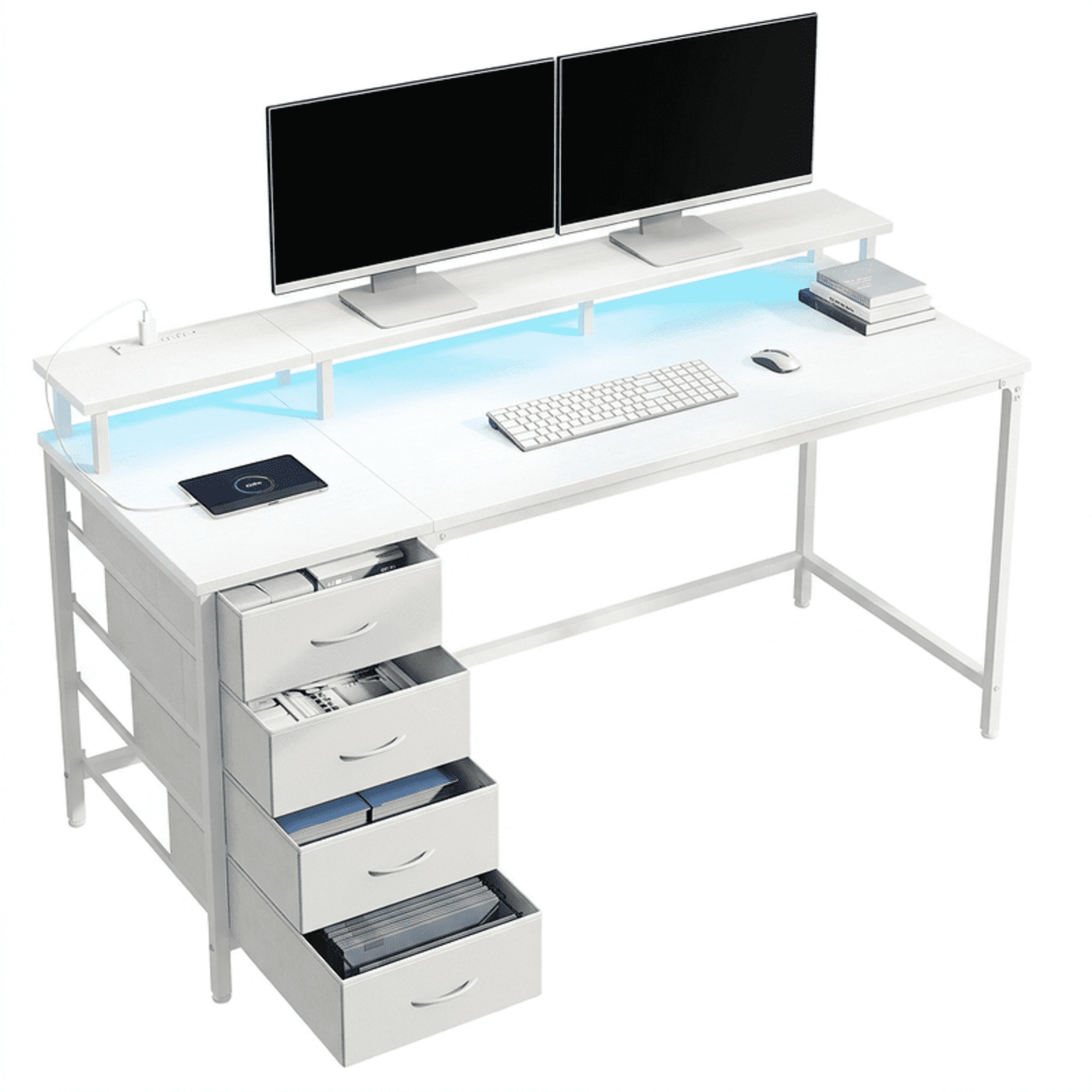 Gianna 40-Inch Computer Desk with Power Outlets and LED Lights, Gaming Desk with 4 Drawers and Monitor Stand for Small Spaces, White