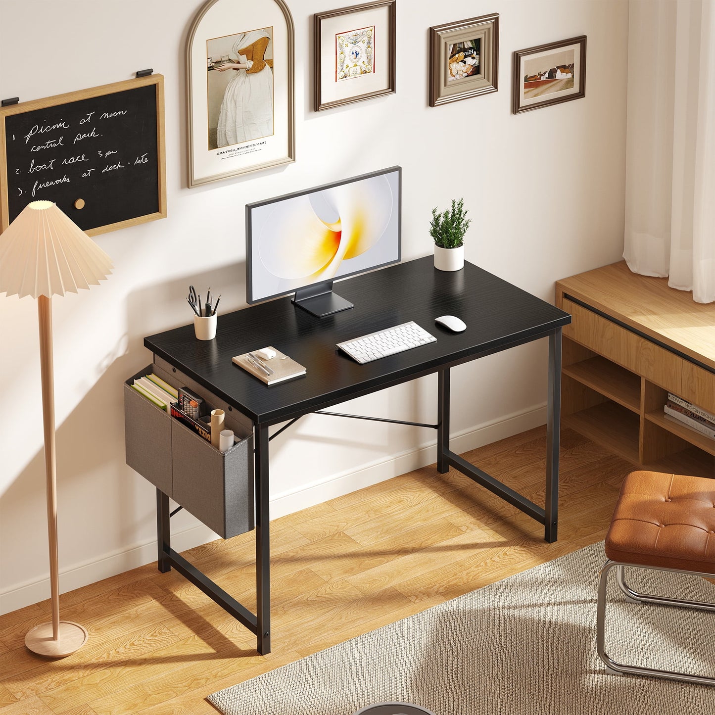Gianna 44" Computer Desk with Metal Frame, Waterproof Surface and Storage Bag – Perfect for Office Use, Black