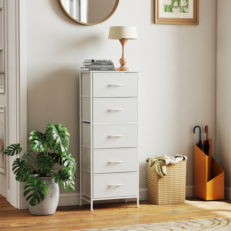 Gianna 5 Drawer Dresser with Fabric Bins, Sturdy Steel Frame and Wood Top, Storage Organizer Chest for Bedroom, Closet, Hallway, Rust Brown