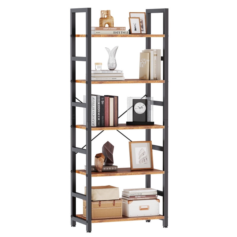 Gianna 5 Tier Bookshelf, Free Standing Shelf, Bookcase Shelf Storage Organizer, Industrial Book Shelves for Home Office, Living Room, Kitchen, Rust Brown