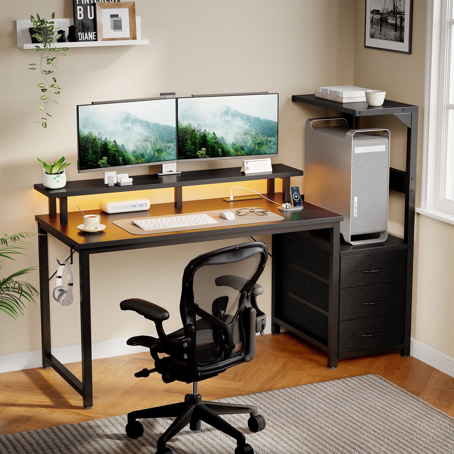 Gianna 52-Inch Gaming Desk with Hutch, LED Lights, USB Ports and 3 Fabric Drawers, Carbon Fiber