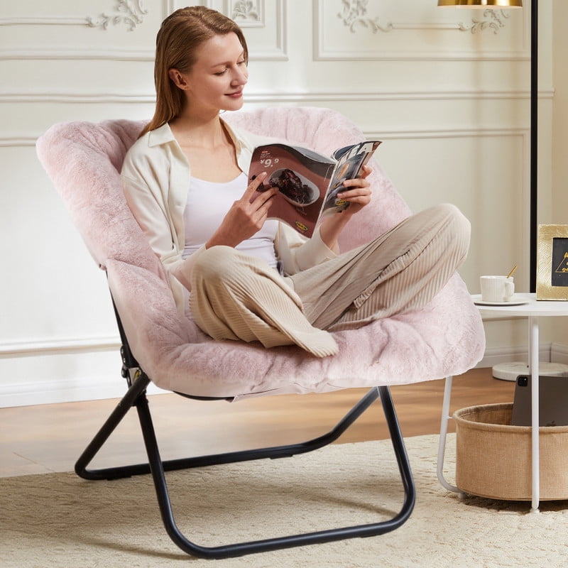Gianna Comfy Chair for Adults, Soft Faux Fur Folding Lounge for Bedroom Living Room Dorm Rooms Flexible Reading Chair for Teens, Large Size Foldable,Square-Pink