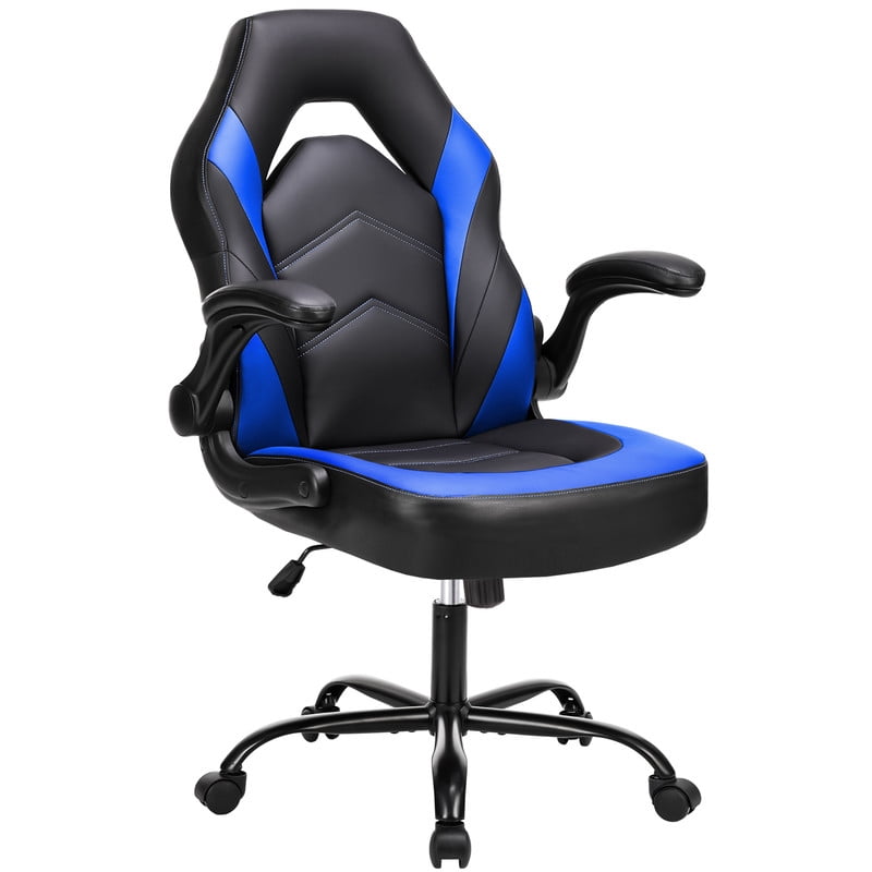 Gianna Ergonomic Computer Gaming Chair with Flip-up Armrest, Height Adjustable PU Leather Home Office Desk Chair with Lumbar Support Swivel Wheels and for Adults,Black Blue