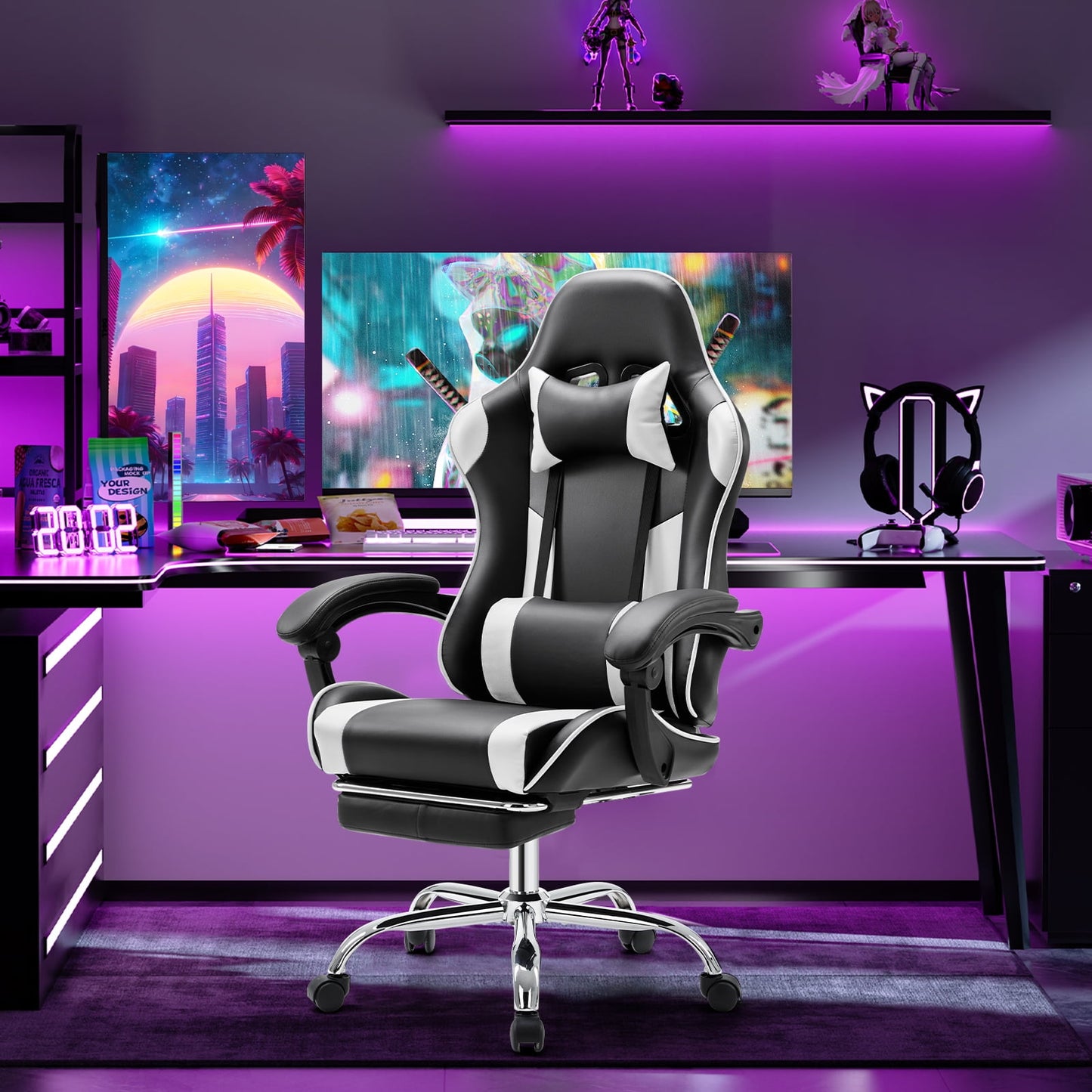 Gianna Ergonomic Gaming Chair With Headrest And Lumbar Pillow,Height Adjustable With 360°-Swivel Seat,White