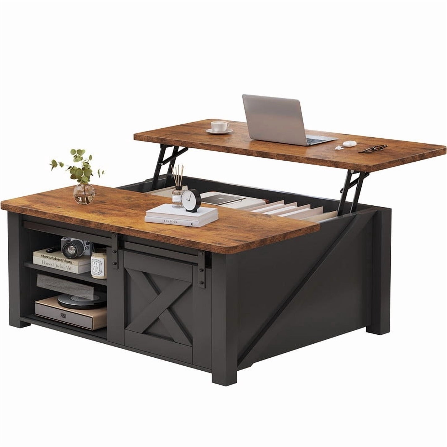 Gianna Lift Top Coffee Table with Large Hidden Storage, Adjustable Shelves, Black-new