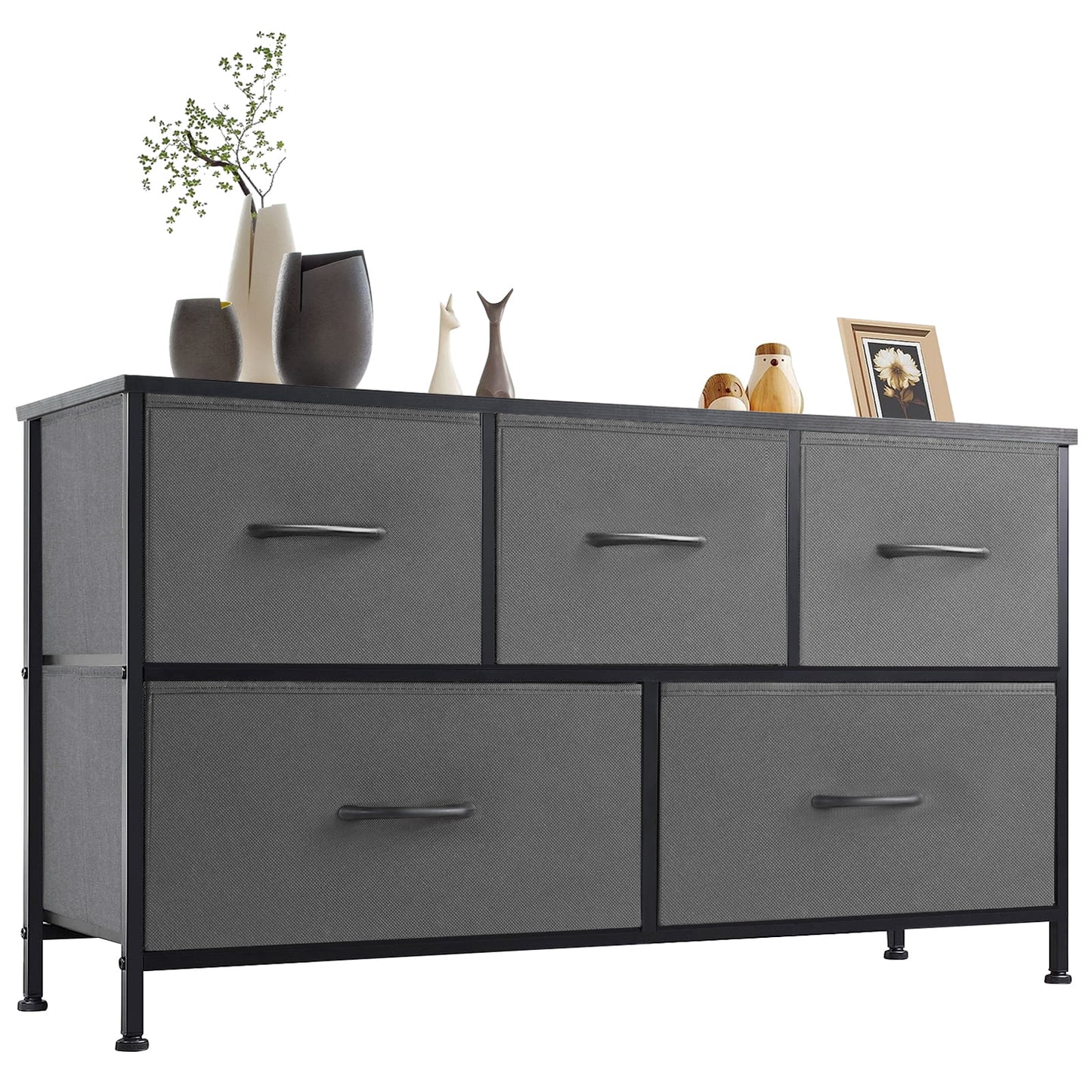 JIOABL Modern Dresser with Fabric 5-Drawer, Metal Frame, Ideal for Bedroom Storage, Grey