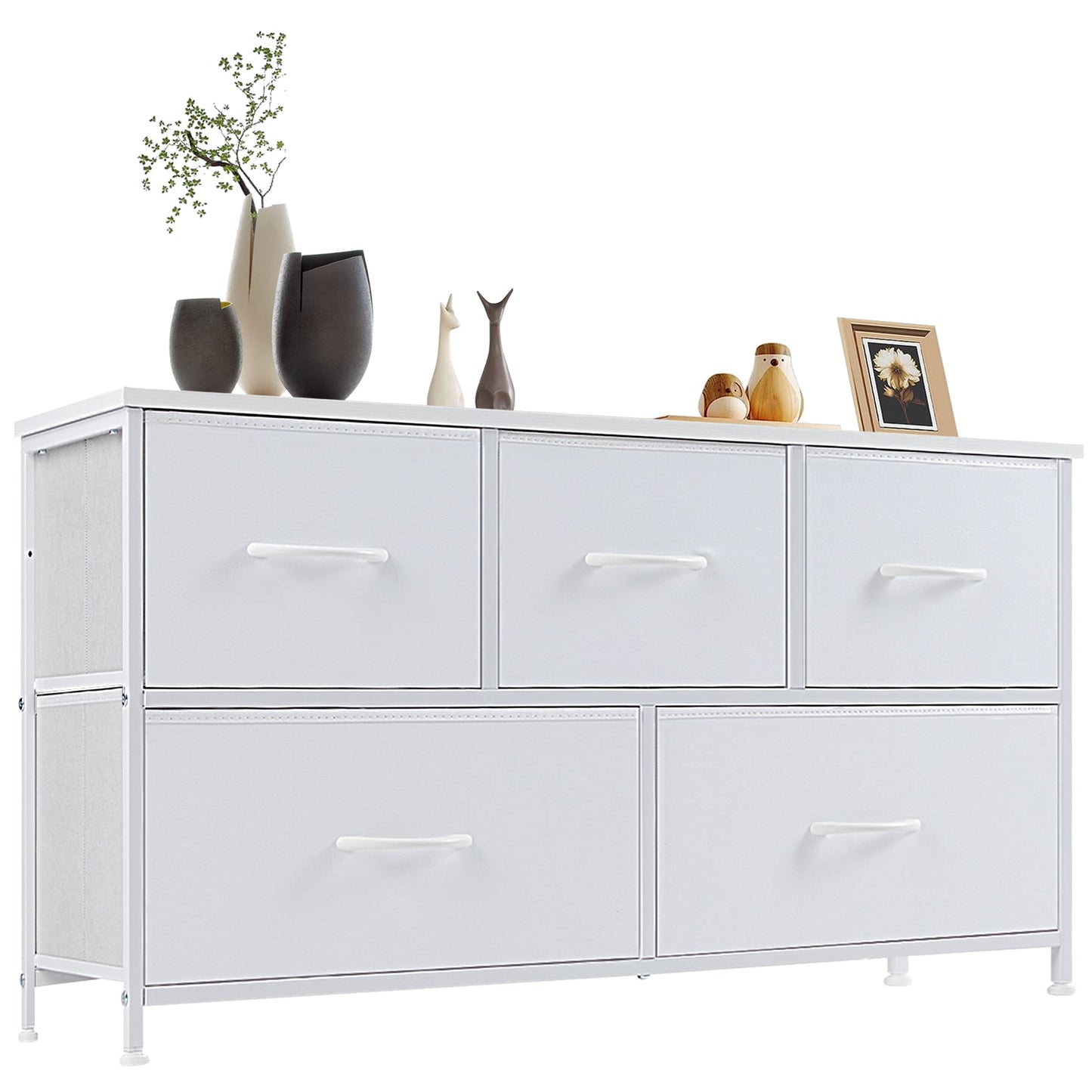 JIOABL Modern Dresser with Fabric 5-Drawer, Metal Frame, Ideal for Bedroom Storage, White