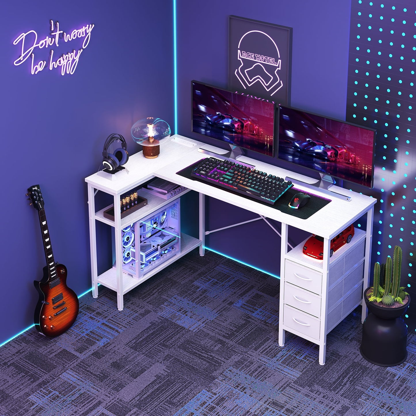 Gianna Modern L-Shaped Office Desk with Power Outlets, 55-Inch Computer Desk with 3 Drawers and Shelves for Home Office, Study, or Gaming, White