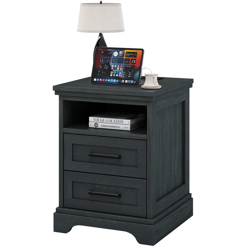 Gianna Nightstand with Charging Station, Farmhouse Bedside Table with 2 Drawers and Open Shelf, Wood End Table, Modern Side Table for Bedroom, Black