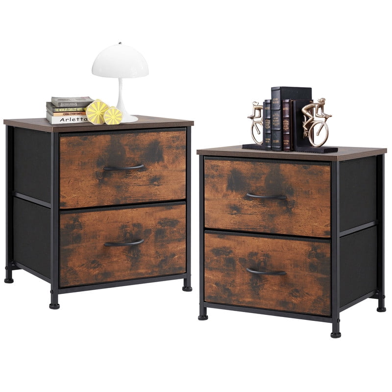 EDX Nigtstand for Bedroom, Tall Chest Organizer with Fabric Bins, Steel Frame, Rustic Brown, Set of 2
