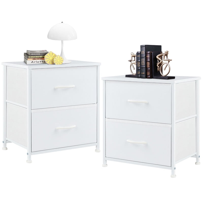 EDX Nigtstand for Bedroom, Tall Chest Organizer with Fabric Bins, Steel Frame, White, Set of 2