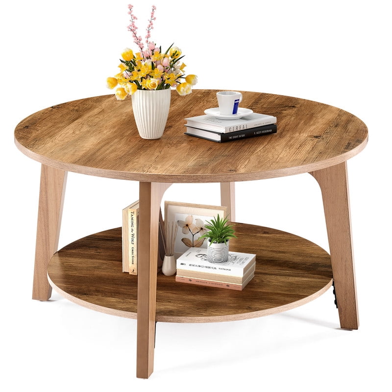 Gianna Round Coffee Table, 32" Wood Coffee Tables for Living Room with Storage, 2-Tier Center Circle Counter with Wooded Desktop, 50 lbs Capacity, Anti-Slip Feet, Brown