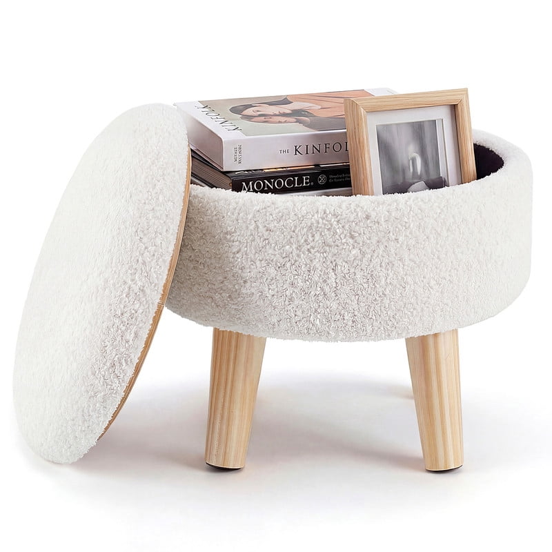 Gianna Round Ottoman with Storage, Boucle Footstool with Hidden Storage, Padded Seat, Teddy Velvet Footstool with Wood Legs for Living Room, Bedroom, Beige