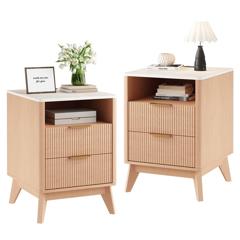 Gianna Set of 2 Nightstands with Charging Station, Faux Marble Top Bedside Table with 2 Drawers and Open Shelf for Bedroom, Living Room, Wood