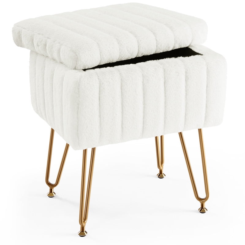 Gianna Square Ottoman with Storage, Makeup Cute Soft Small Footstool, Modern Style Faux Fur Seat with 4 Metal Legs & Adjustable Feet for Dressing, Living Room Bedroom Dorm, White