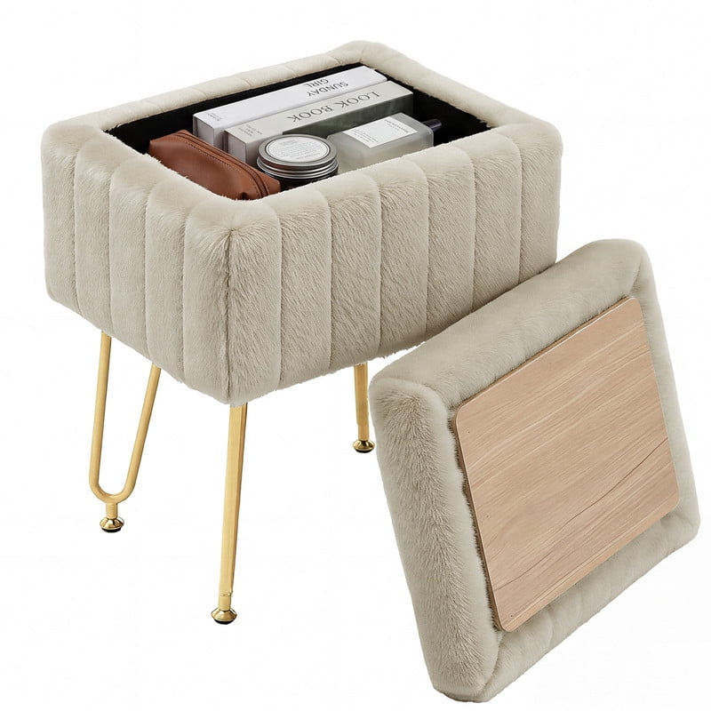 Gianna Square Ottoman with Table Top, Comfortable Footrest With Storage, Vanity Stool Suitable for Living Room,Bedroom, Camel