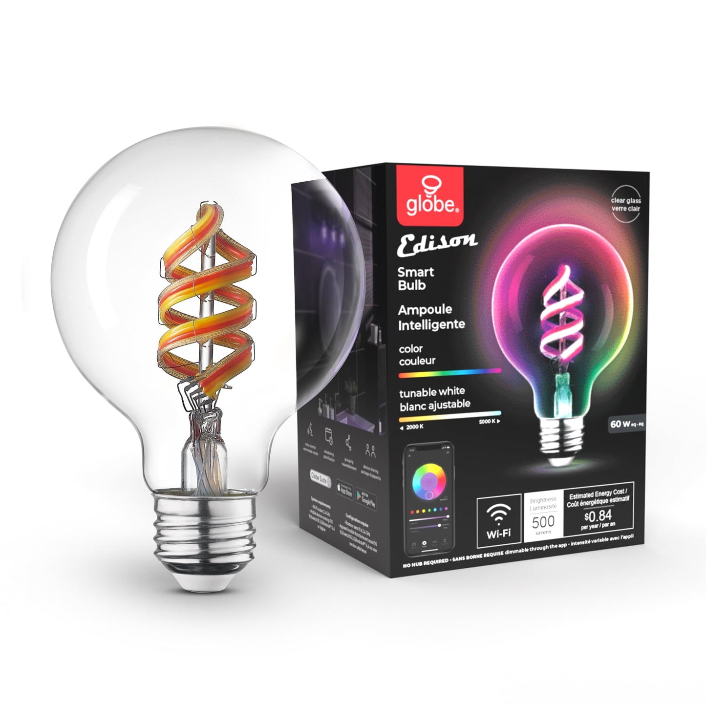 Globe Electric Wi-Fi Smart 60W Equivalent Multicolor Changing RGB Tunable White LED Bulb, 91000308