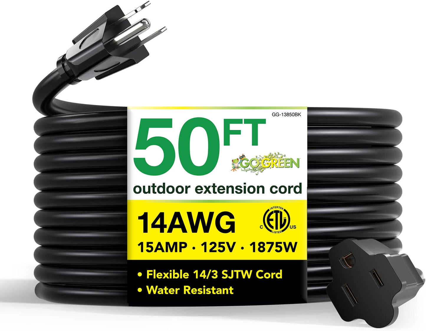 GoGreen Power 14/3 50' 13850BK Heavy-Duty Extension Cord, Black