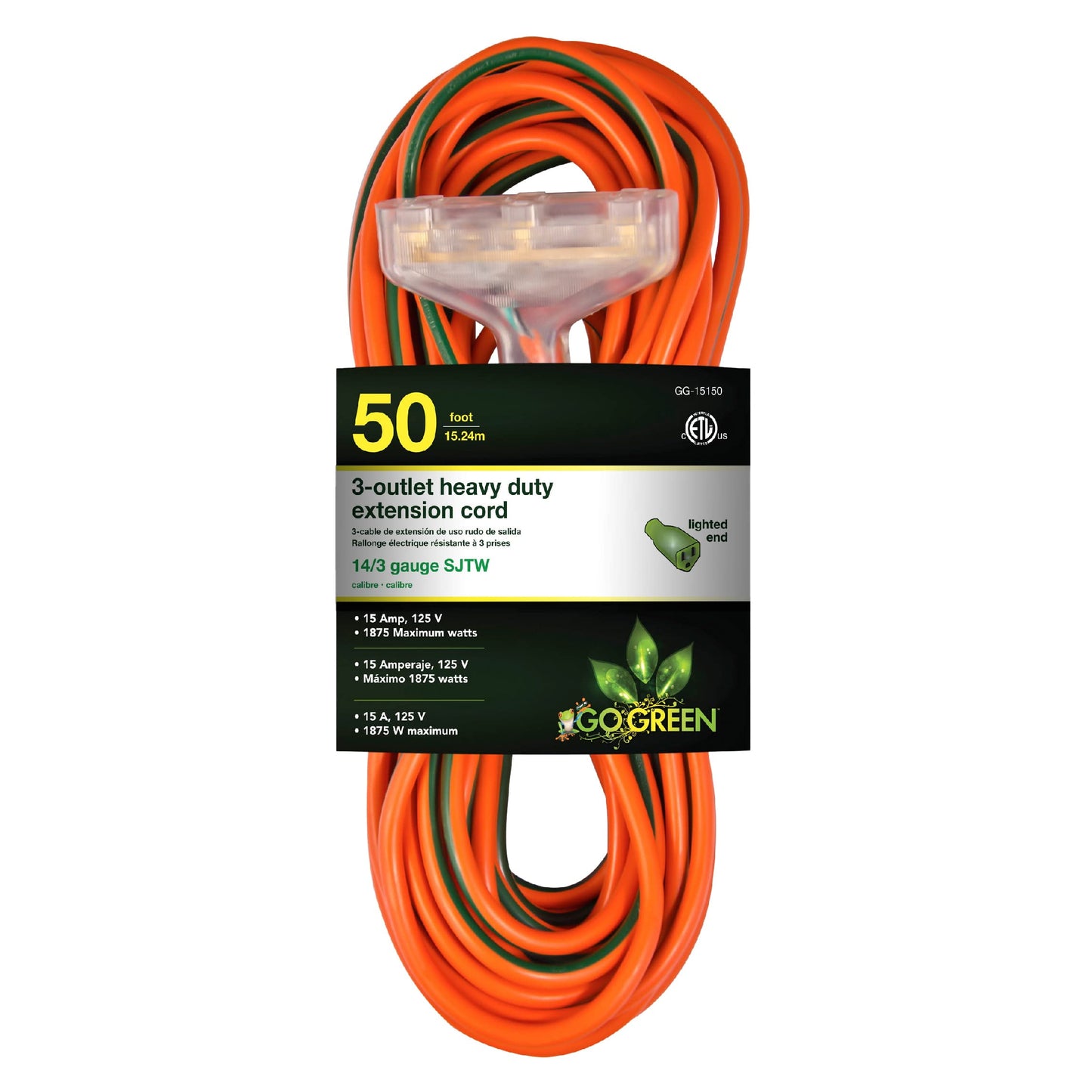 GoGreen Power 14/3 Heavy Duty 50 ft SJTW 3-Outlet Extension Cord with Lighted End
