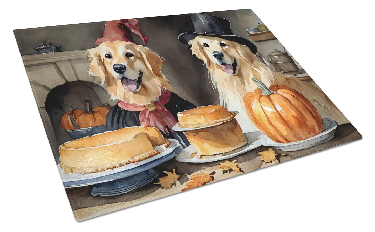 Golden Retriever Fall Kitchen Pumpkins Glass Cutting Board Large 12 in x 15 in