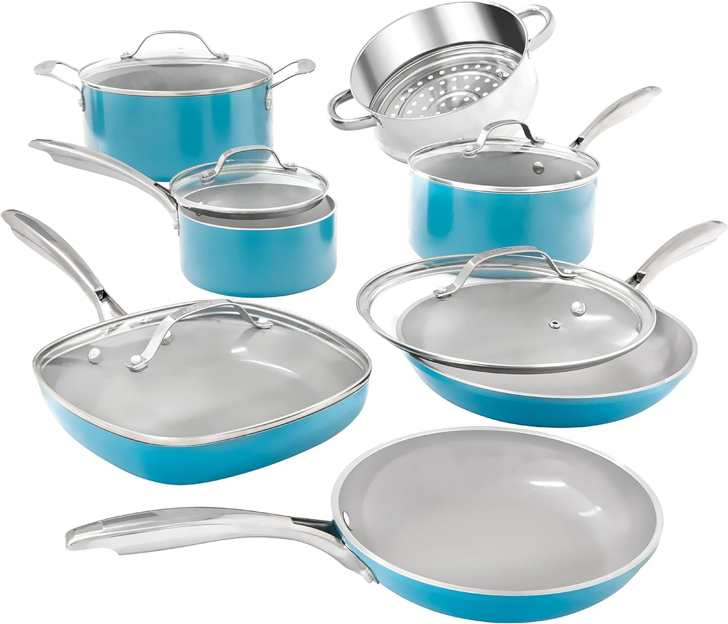 Gotham Steel 12 Piece Pots and Pans Nonstick Set Ceramic Cookware Kitchen Set, With Frying Skillet, Saucepan, Aqua Blue