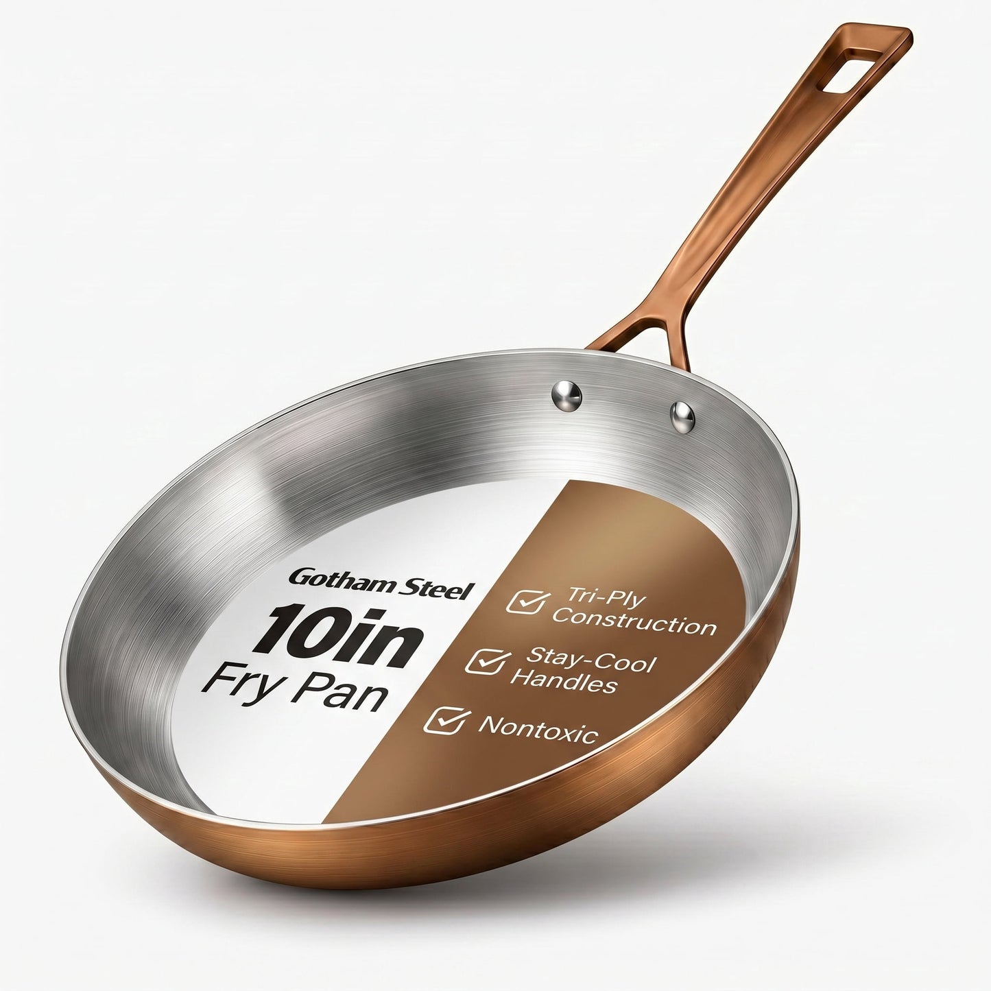 Gotham Steel 10 Inch Stainless Steel Frying Pan, Tri-Ply Skillet, Stainless Steel Pan with Stay-Cool Handle, Induction Ready, Dishwasher Safe, No Forever Chemicals, Oven Safe to 500°F, Copper