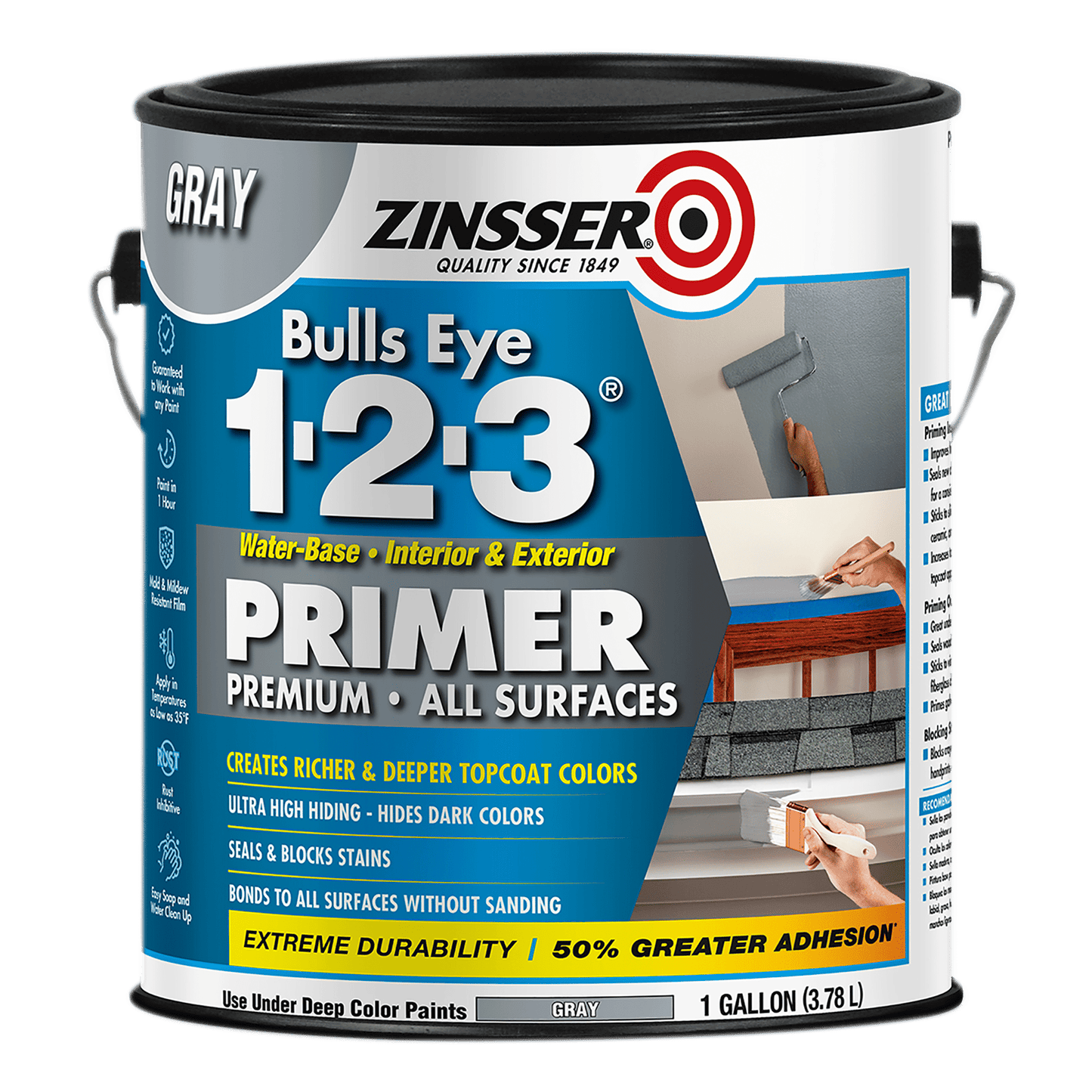 Gray , Zinsser Flat Bulls Eye 1-2-3 Interior/Exterior Multi-purpose Water-based Primer- Gallon, 1 Pack
