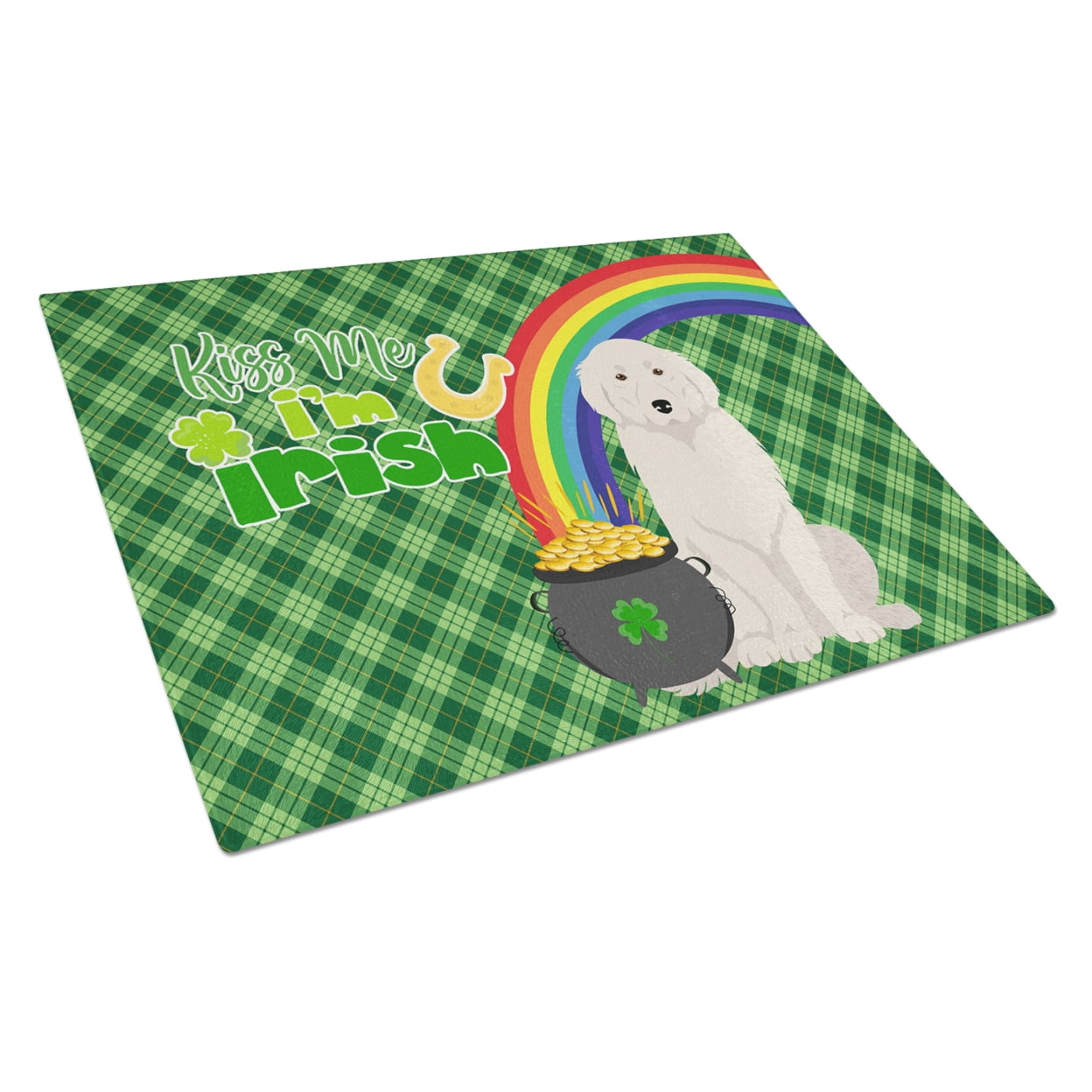 Great Pyrenees St. Patrick's Day Glass Cutting Board Large 12 in x 15 in