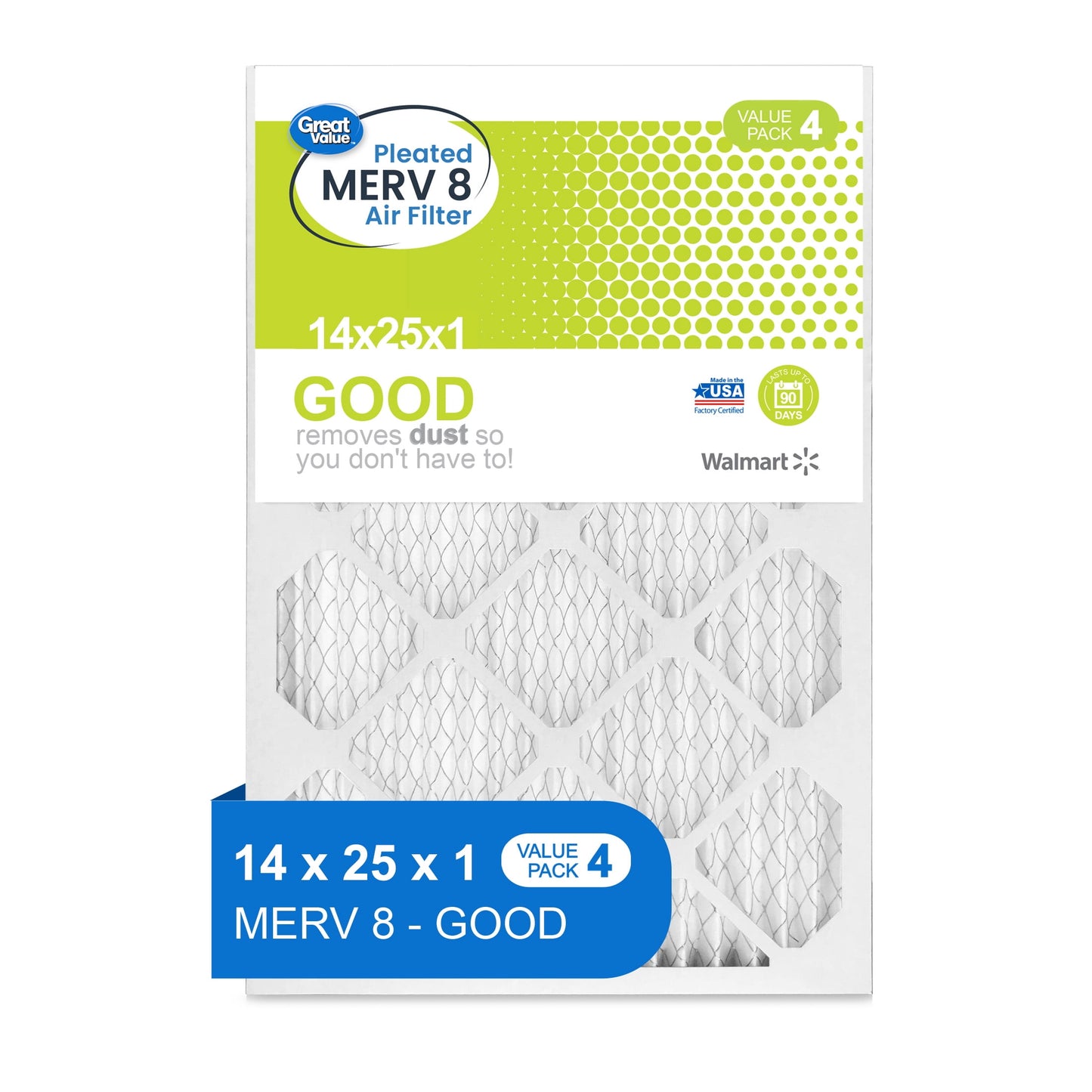 Great Value, 14x25x1, MERV 8 GOOD HVAC Air and Furnace Filter, Captures Dust, 4 Filters