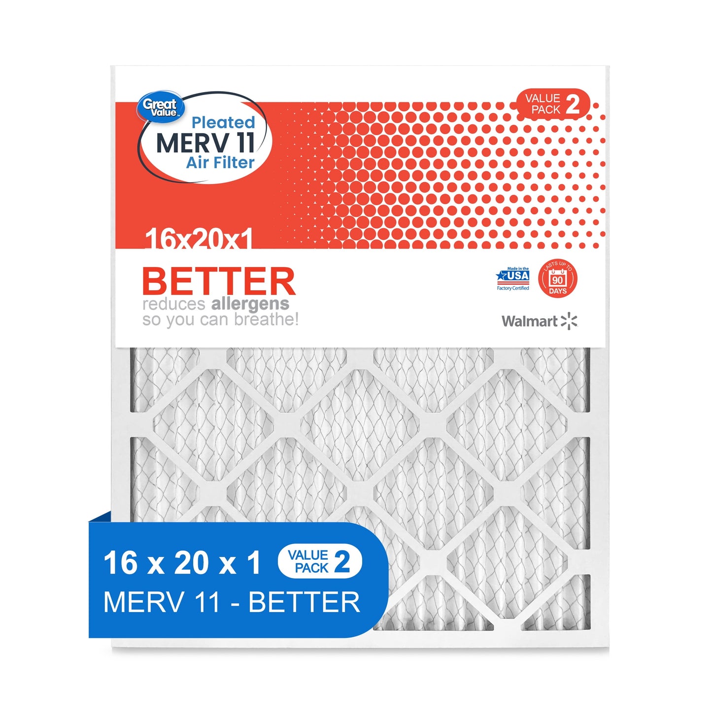 Great Value; 16x20x1; MERV 11 BETTER HVAC Air and Furnace Filter; Reduces Allergens; 2 Filters