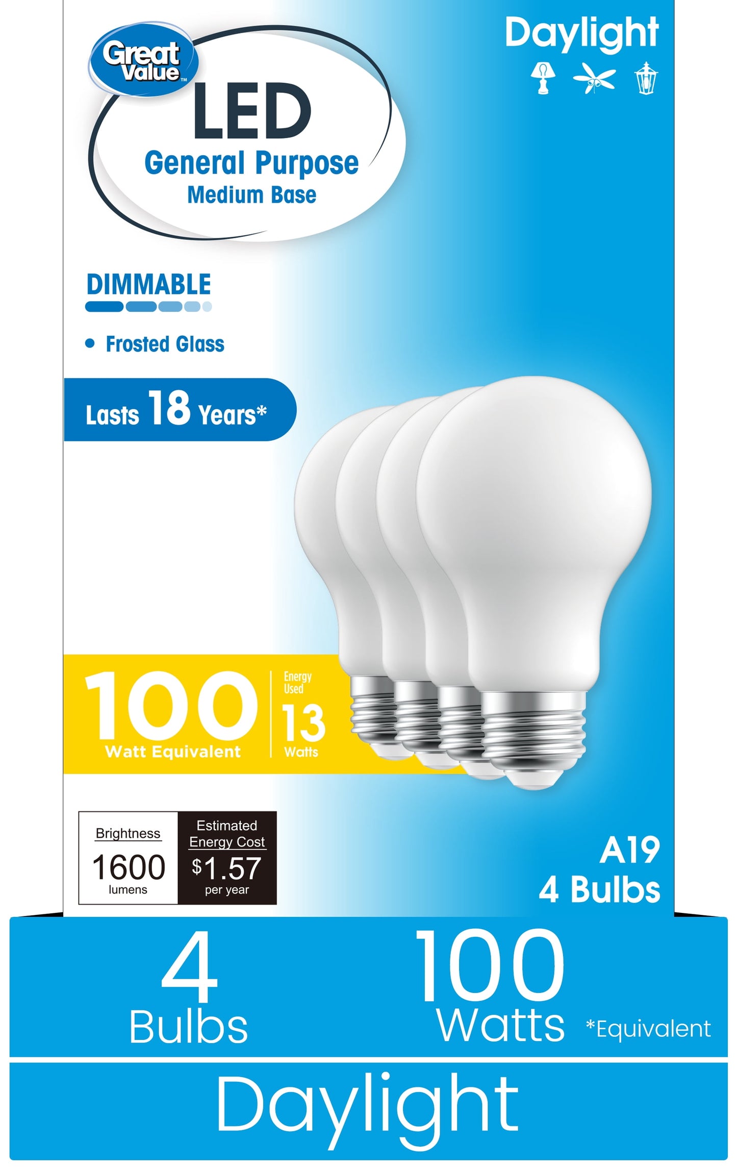 Great Value A19 LED 13W (100W Equivalent) Daylight E26 Medium Base General Purpose Light Bulbs, Dimmable, 4 Pack