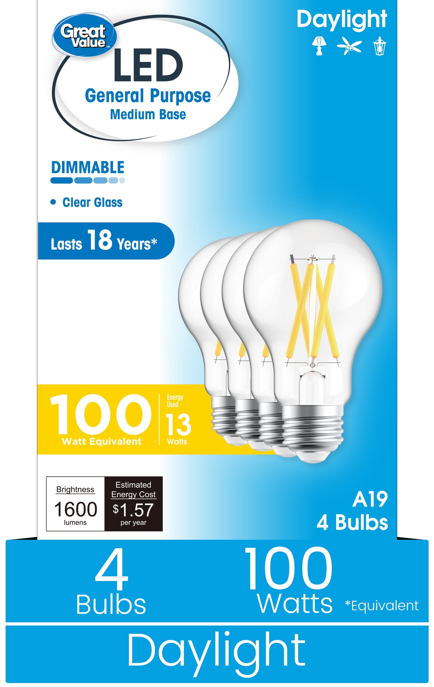 Great Value 18YR A19 LED Light Bulb, 13W (100W Equivalent) Daylight Dimmable E26 Medium Base (4 Pack)