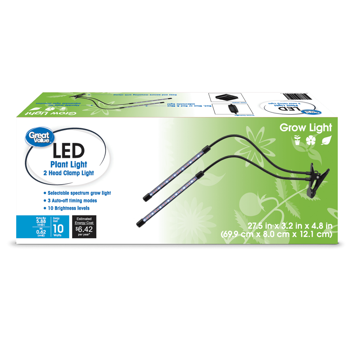 Great Value Abrazadera LED Flexible de 2 Cabezales Grow Light, Espectro Seleccionable de 10W, 4.75"
