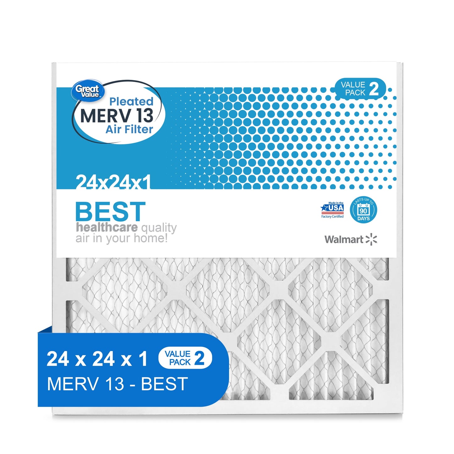 Great Value; 24x24x1; MERV 13 BEST HVAC Air and Furnace Filter; Improves Indoor Air Quality; 2 Filters